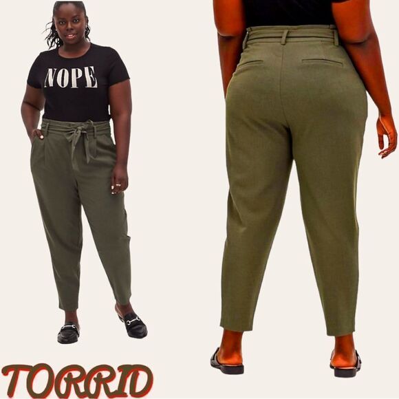TORRID NEW Plus Size Olive Green Tie Front Paper-bag Tapered Pant. - Picture 3 of 16